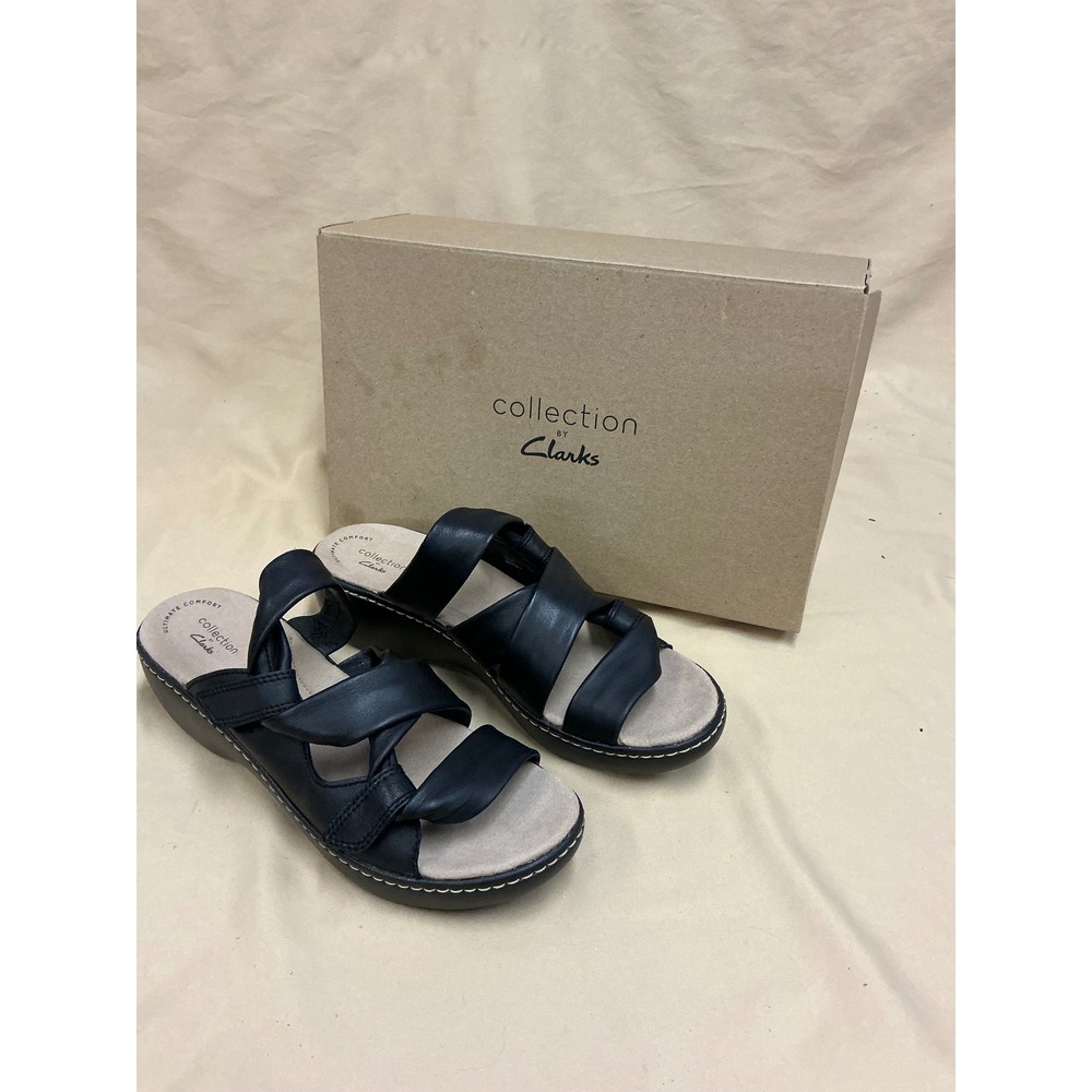 Clarks Collection Delana Jazz Black Leather Slide Sandals Womens 9.5M 182730